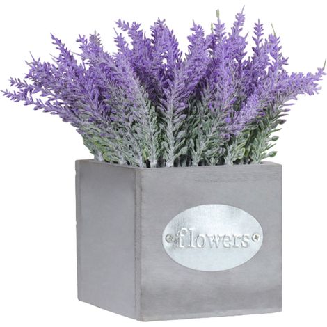 2 plantes de lavande artificielles, pot en bois artisanal, fleurs violettes décoratives, salle de bain et bureau