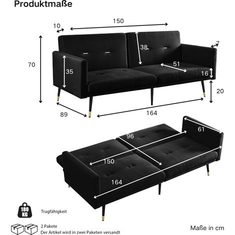 Canapé-lit 2-en-1 noir, sofa convertible multifonction avec dossier inclinable réglable, meuble transformable pour salon et chambre (1/5)