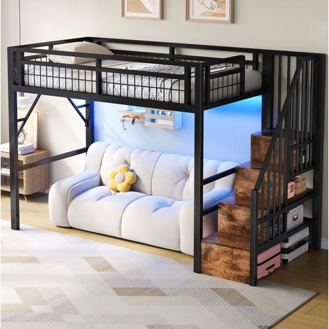 Lit mezzanine moderne 90x200 cm en métal noir avec bande LED et escalier de rangement (1/5)