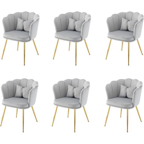 Lot de 6 chaises de salle à manger en velours gris, design pétale moderne, pieds métalliques dorés, coussins papillon, pour salon et chambre CHICFURN (1/5)