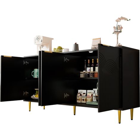 Buffet 4 portes noir avec étagères réglables, poignées dorées brossées, pieds brillants, meuble de rangement salon et salle à manger  CHICFURN (1/5)
