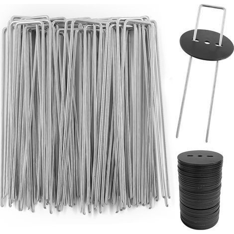 Piquets de Jardin, 50 Piquets de Fixation en Acier Galvanisé avec 50 Rondelles Noir, Agrafes Toile de Paillage pour Gazon Artificiel, Clôture, Bâche, Herbes, Forme de U, 150×25mm, Ø2,8 mm (1/5)