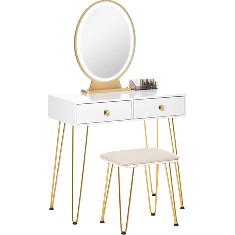 LED Mirror Dressing Table with Cushioned Stool,Vanity Desk featuring Acrylic Lipstick Holder and 2 Drawers for Bedroom-White