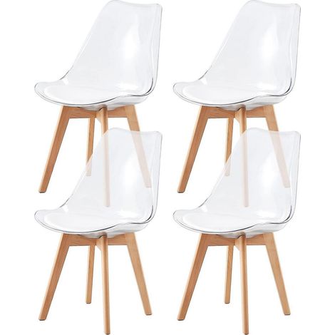 4er Set Esszimmerstühle transparent skandinavisch mit Holzbeinen und weißem PU-Sitzkissen (1/5)