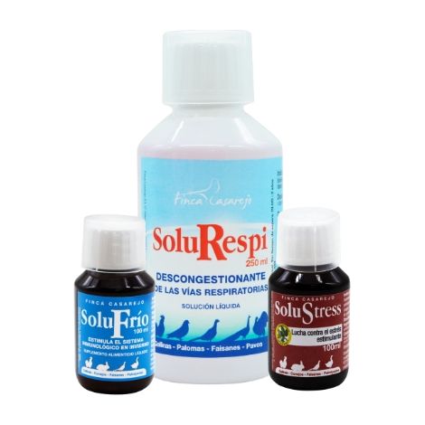 Pack contra el Resfriado en Ave SoluRespi (250 ml), SoluFrío (100 ml) y SoluStress (100 ml)  Previene el resfriado de gallinas, pavos, faisanes y otras aves de corral  Productos 100% naturales