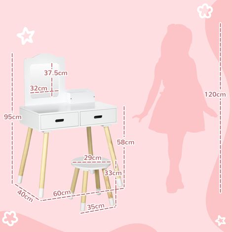 Ensemble coiffeuse pour enfants (coiffeuse, tabouret, miroir, 2 tiroirs), blanc et couleur bois (1/5)