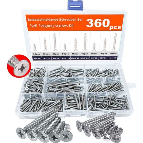 Lot de 360 vis à bois autotaraudeuses, M3, M3.5, M4, 16 mm à 40 mm, avec bote de rangement en PP, pour fenêtres, terrasses, toitures, cltures (1/5)