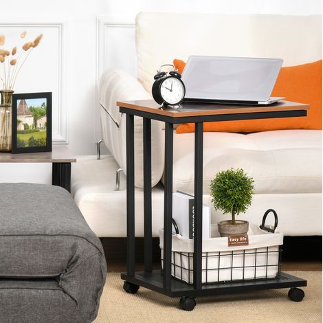 Table d’appoint 51x36x65 cm noire en MDF avec roulettes, forme C, rangement pratique (1/5)