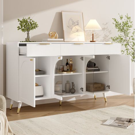 Aparador 140x40x85,5 cm de MDF blanco, 4 puertas y 3 cajones para comedor – MEUBLIV