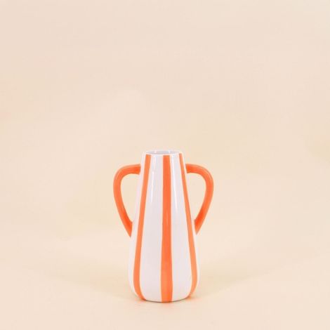 Vase en céramique rayé orange, blanc 2 anses, H18cm (1/5)