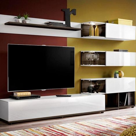 Meuble TV Design "Silk" 240cm Blanc & Naturel (1/4)