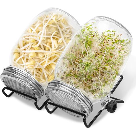 Wolketon Sprossenglas Set 2x1000ml mit Edelstahlsieb, Halter und Auffangschale, einfach zu reinigen & luftdurchlässig