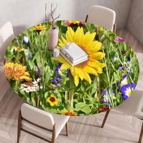 Nappes Rondes 120 cm, Nappes Imperméables avec Bord Élastique, Imprimé Tournesol Nappe Anti Tache Exterieur Lavable Nappe de Table (pour Le Tableau 110-115 cm) (1/5)