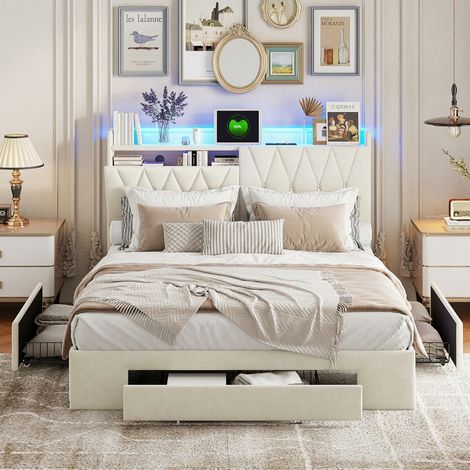 Letto per adulti 140x190 cm con Cassetti - Rivestimento in Velluto Beige - Testiera con Illuminazione LED e Caricatore Integrato (1/5)