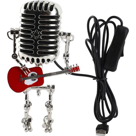 Lampe de table robot guitare-microphone vintage USB en aluminium et métal, veilleuse rétro pour chambre, bureau et décoration intérieure rouge (1/5)