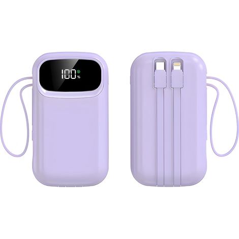 Powerbank 10 000 mAh Charge rapide Chargeur portable avec câbles intégrés PD 22,5 W Petite batterie USB-C avec 4 sorties 2 entrées Batterie de secours compatible avec 15, iPad et tablette (violet) (1/5)