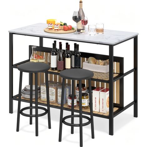 Ensemble Table de Bar à 2 Étagères avec 2 Tabourets Rembourrés, Plateau Imitation Marbre avec 2 Chaises Hautes Gain de Place, pour Cuisine Bar Salon (1/5)