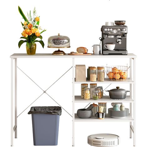 Table de rangement multifonction, organisateur modulable avec structure métallique blanche et plateau blanc, montage flexible pour cuisine, salon, cave et garage, 120x40x85,5cm