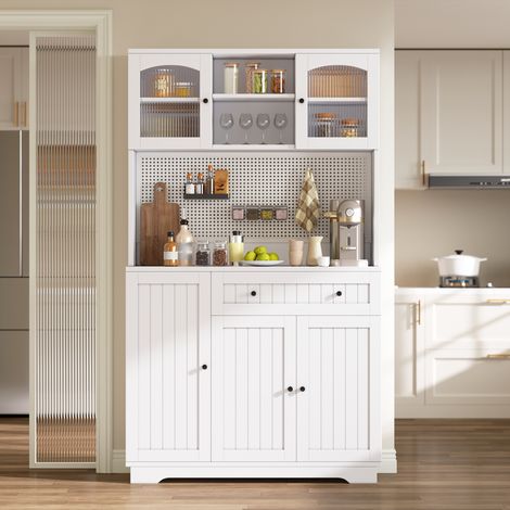 DESMIU Vitrine de Cuisine avec 6 niches, 1 tiroir et étagères réglables, panneau perforé, pour cuisine et salle à manger, blanc, 103.5 × 40 × 180 cm (1/5)