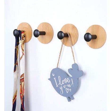 Set of 4 self-adhesive hooks (black), reusable bamboo hooks without sewing, very strong adhesive hooks, hooks for bedroom, kitchen, bathroom.
