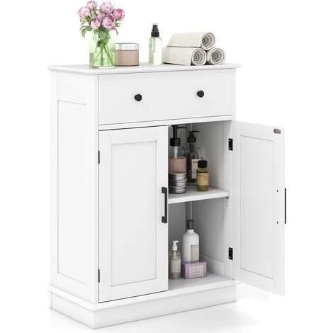 Costway – Meuble de rangement salle de bain blanc – Buffet moderne 56x30x80cm avec tiroir et étagère réglable – Sécurisé avec dispositif anti-basculement (1/5)
