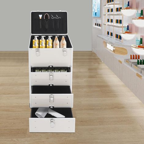 Rollbarer Schminkwagen mit 3 Schubladen Aluminiumlegierung Verstellbarer Griff 4 Räder Kosmetiktrolley für Visagisten Salon professionelle Aufbewahrung Organizer (Silber)