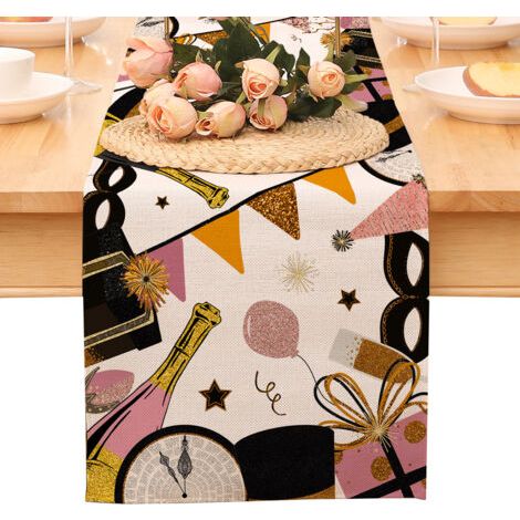 Chemin de table « Bonne année », nappe noire et or à pois et étoiles, décoration pour la maison et la cuisine, ambiance champêtre, linge de table en toile de jute pour les fêtes d'hiver 2026
