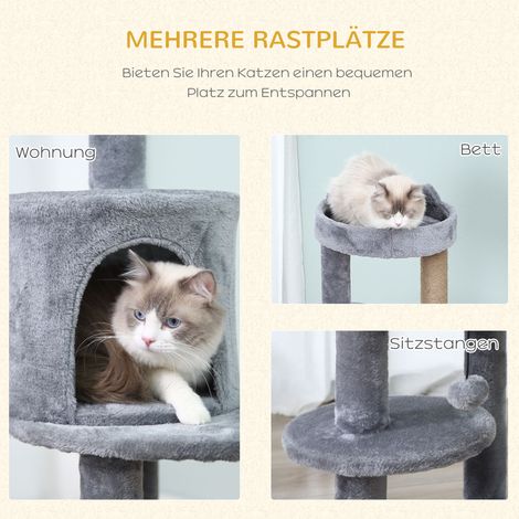Arbre à chat gris 104 cm avec cabane, jouets balles, grattoir et poteaux en sisal, pour chat jusqu'à 4,5 kg, espace jeu et repos.
