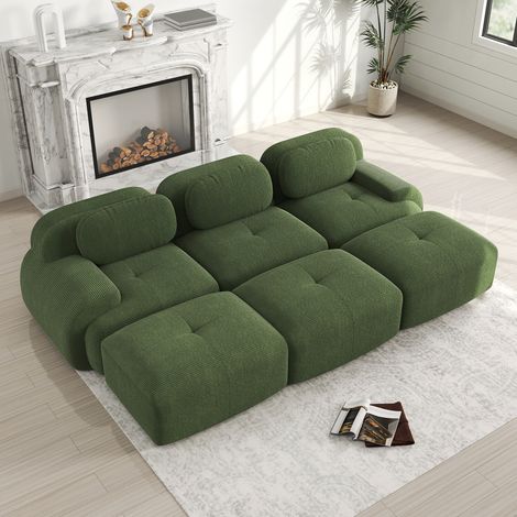 Canapé 3 places modulable + 3 poufs velours côtelé vert, sans cadre, livré monté, sans cruauté animale, accoudoirs extra-larges, mousse hyper-élastique 32D pour salon et home cinéma