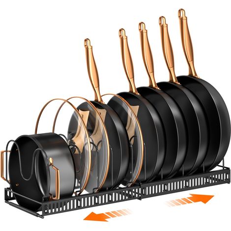 Range Couvercle & Rangement Casserole Extensible 10 Séparateurs  Support sans outil pour placard, tiroir, plan de travail. Pour poêles et couvercles. Finition noire élégante (1/4)