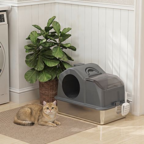 Maison toilette chat couvercle amovible côtés hauts 60.5x40.5x45 cm gris foncé, nettoyage facile (1/5)