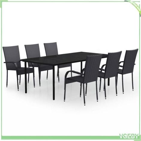 Ensemble à manger de jardin - FAFEICY - 3099381 - 7 pcs - Table verre 200x100 cm - Chaises résine tressée noir (1/5)
