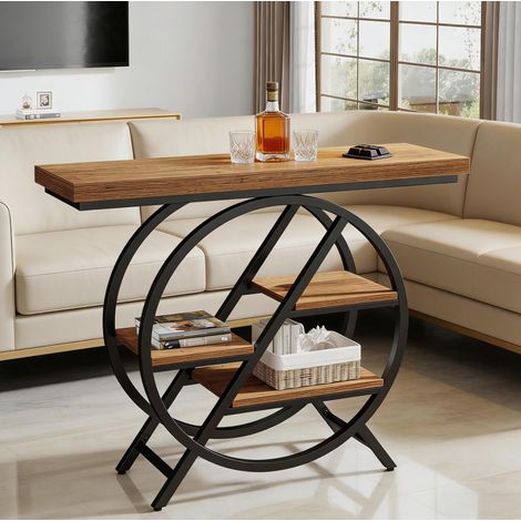 Mesa consola de madera y metal marrón claro, tablero 4 cm, 4 niveles de almacenaje (1/5)