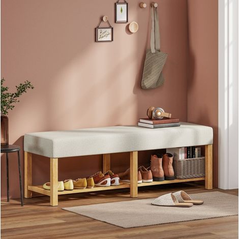 Banc à chaussures 140 cm en bois de caoutchouc, assise rembourrée 2 places, blanc crème (1/5)