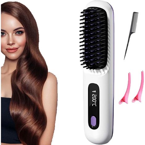 Cocoony Styling Brush for Short Hair, Portable Rechargeable Straightening Brush, with LCD Display, 3-Stage Temperature Control, 20-Second Fast Heating, for Daily Styling & Travel (White)
