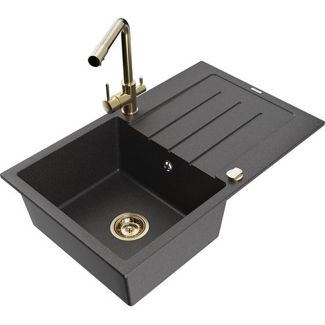 Mexen Bruno fregadero de granito de 1 seno con escurridor y grifo de cocina Duero, negro moteado - 6513-76-671600-50 (1/5)