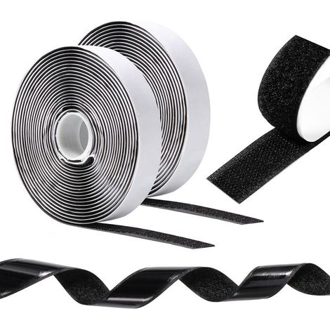 Scratch Autocollant Double Face 10 m x 20 mm, Bande Scratch Adhésive Puissant, Scratch Autocollant Rubans pour Cadres de Photos, Moustiquaires, Tapis, Bricolage - Noir (1/5)