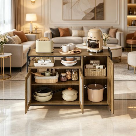 Buffet industriel avec compartiment ouvert, meuble de cuisine et salon, rangement pratique et design rustique (1/4)