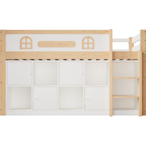 Cama semi alta 90 x 200 cm con pizarra, almacenamiento y escalera, blanco natural (1/5)