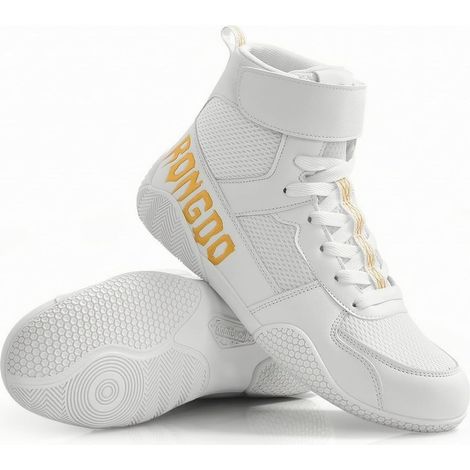 Hohe, griffige Kampfschuhe, stabile, abgewinkelte Kampfsneaker für Kämpfer, Weiß, Weiß und Gold, Numeric38 (1/5)