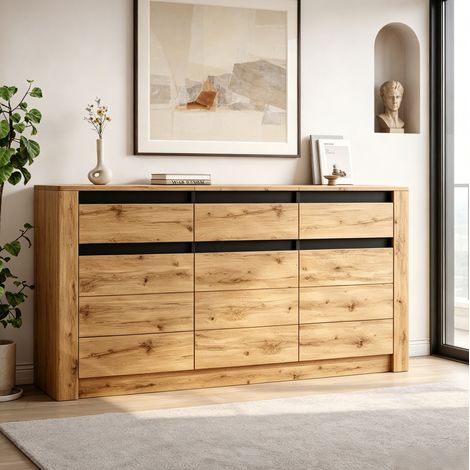 Aparador 135x35x70 cm, cómoda de almacenaje con 3 cajones y 3 compartimentos, en tablero de partículas, color madera natural (1/5)