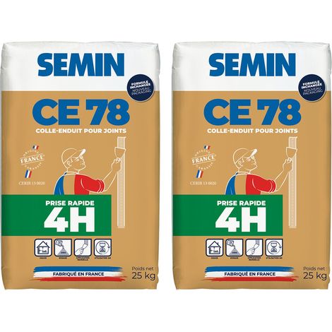 Semin – Lot de 2 enduits CE 78 Rapide pour joints plaques de plâtre – Temps de prise 4h – Sac de 25 kg – Pour chantiers humides (1/5)