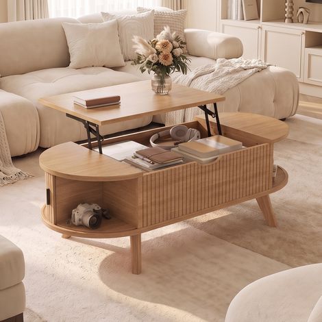Table basse relevable ovale, 110x50 cm, table de salon avec coffre caché et 2 portes coulissantes cannelées, pieds bois massif, couleur chêne (1/5)