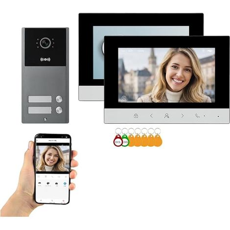 Visiophone avec contrôle d’accès, interphone vidéo IP65, 1 platine extérieure + 2 moniteurs intérieurs, ouverture via application et (IC) / NFC, pour maison et bureau(3) (1/5)