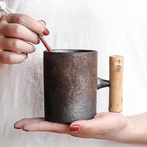 Mug/gobelet vintage en céramique de style japonais, émail rouille, pour thé, lait ou bière, avec anse en bois, pour la maison ou le bureau. (1/5)