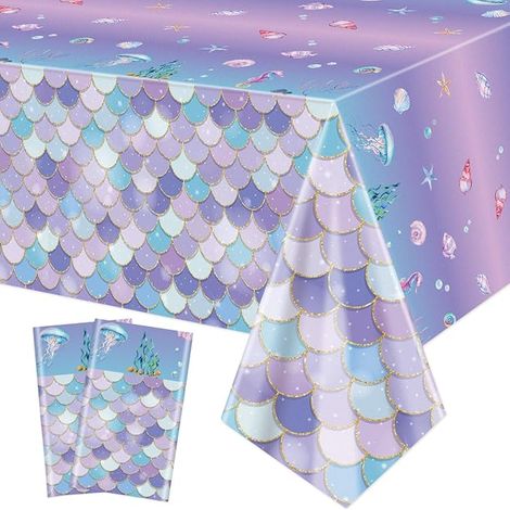 Lot de 2 nappes de table d'anniversaire au motif de sirène, océan, mer, poisson, écailles, pour filles sous la mer, accessoires de fête prénatale, 130 x 220 cm (1/5)