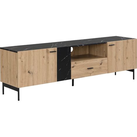Meuble TV avec 2 portes, 1 tiroir et 1 niche en MDF et métal - Naturel clair et Effet marbre noir - LIOMENA de Pascal Morabito (1/5)