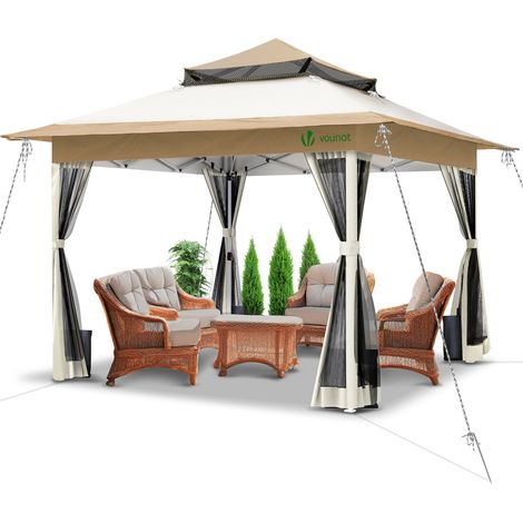 VOUNOT 3.6x3.6m Pop Up Gazebo with Mesh Side Double Roof Marquee Party Tent, Beige