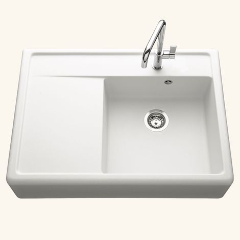 Kümbad – Évier timbre d'office granit blanc grisé 1 bac – Égouttoir gauche – Bonde et siphon inclus – Pour sous-meuble 90 cm
