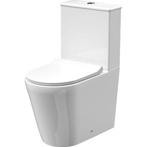 Baswich Compact Rimless Flush to Wall Toilet Pan, Cistern & Soft Close Sandwich Seat - 798mm x 385mm x 612mm (1/5)